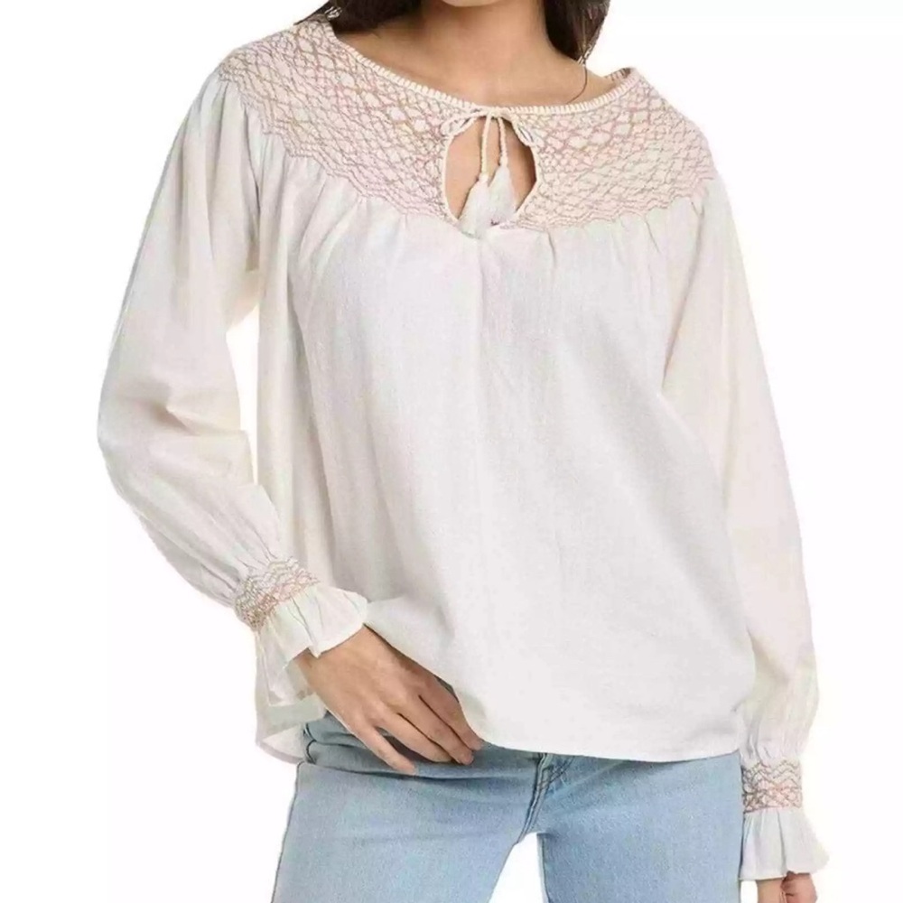 NEW Faherty Smocked Laura White Tan Peasant Knit Top Boho‎ Embroidered Lagenlook